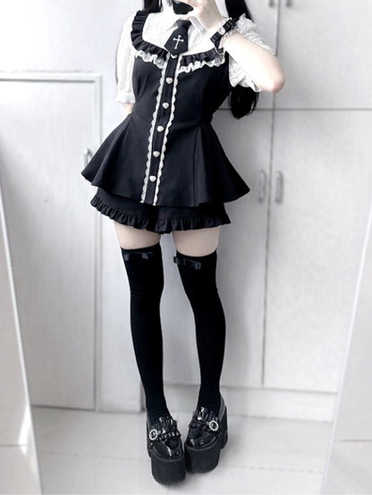 ジライ フルセット - レースヘムブラウス+フリルボタン ケイハートトリム ブラックショーツ+ネクタイ