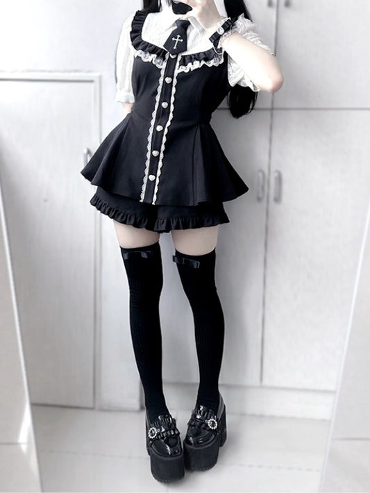 ジライ フルセット - レースヘムブラウス+フリルボタン ケイハートトリム ブラックショーツ+ネクタイ