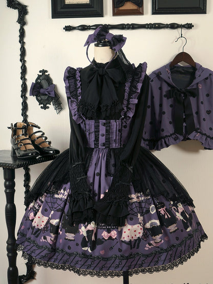 Lolita and Straps Ruffle Waist High Print Kitty Purple Cake Detachable Skirt with