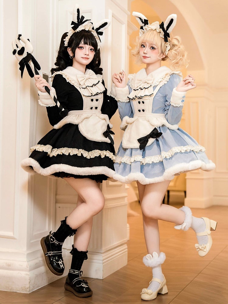Black Long Sleeves Plush Collar and Cuffs Sweet Lolita OP Full Set