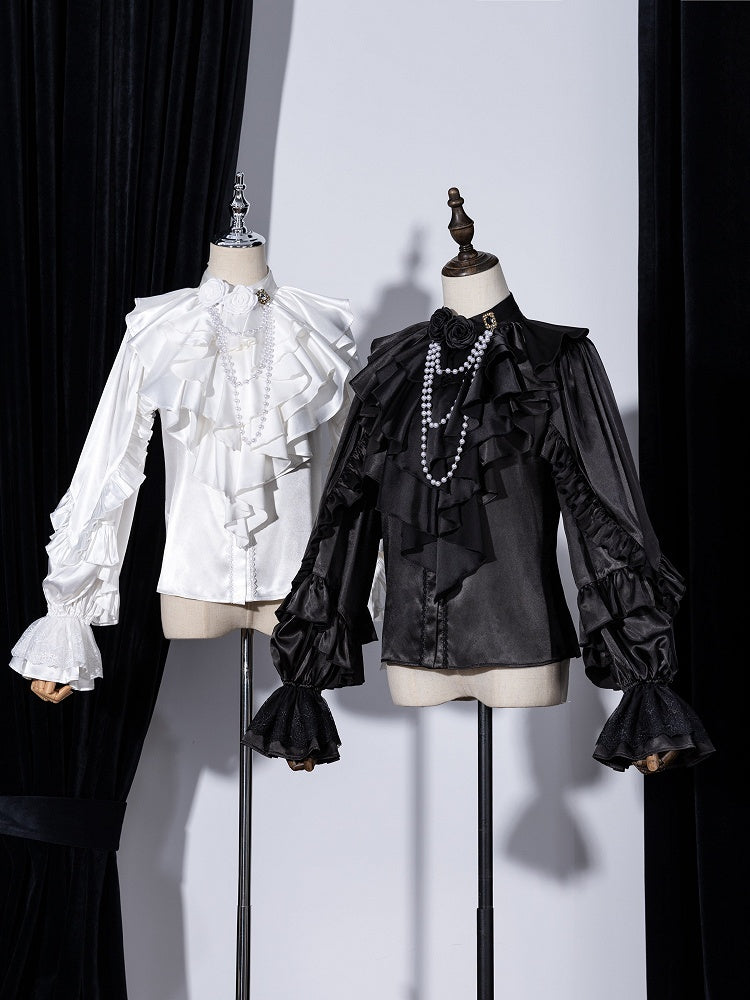 Black Layered Ruffled Jabot with Detachable Roses and Bead Chain - DevilInspired Exclusive Collection