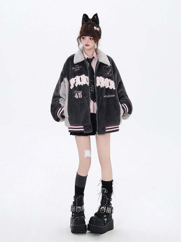 Jacket Baseball Fleece Gray with Letter Embroidery Heart