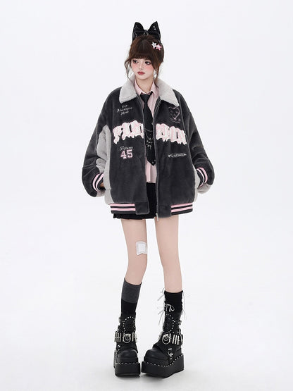 Jacket Baseball Fleece Gray with Letter Embroidery Heart