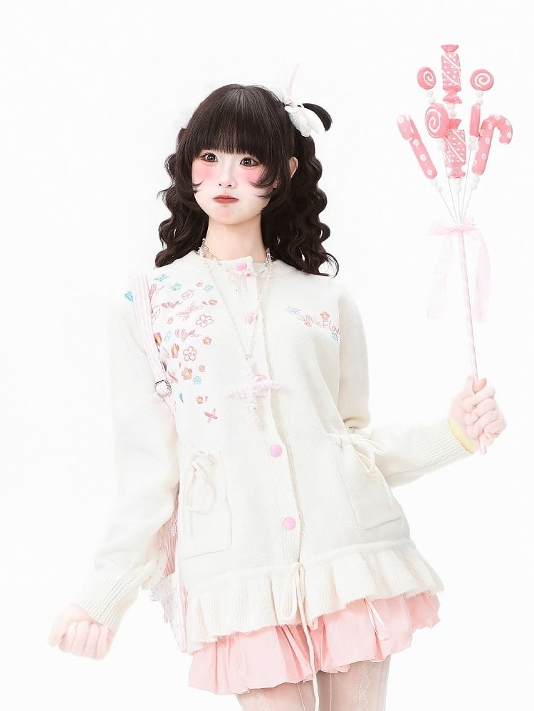 with Daily Cardigan Ruffled Hem Kawaii Pink/Apricot