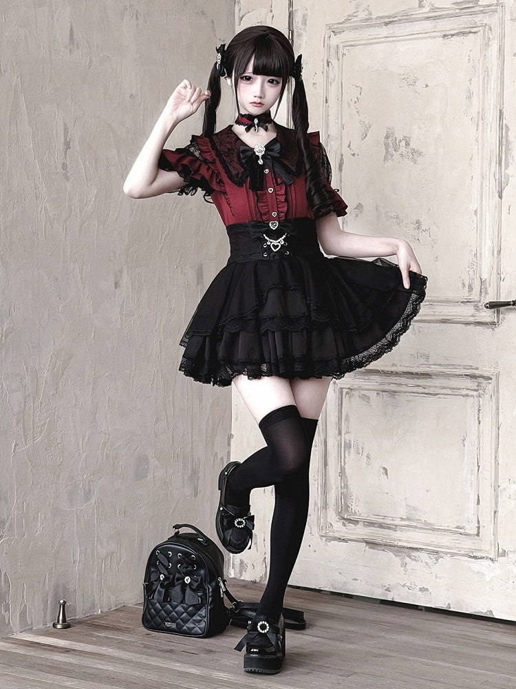 Jirai Kei Black & Red Lace Cutout Shoulder Short Sleeve Ruffle Blouse - Ekomi