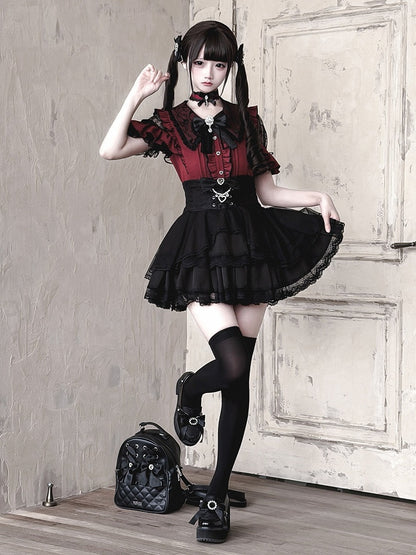 Jirai Kei Black & Red Lace Cutout Shoulder Short Sleeve Ruffle Blouse - Ekomi