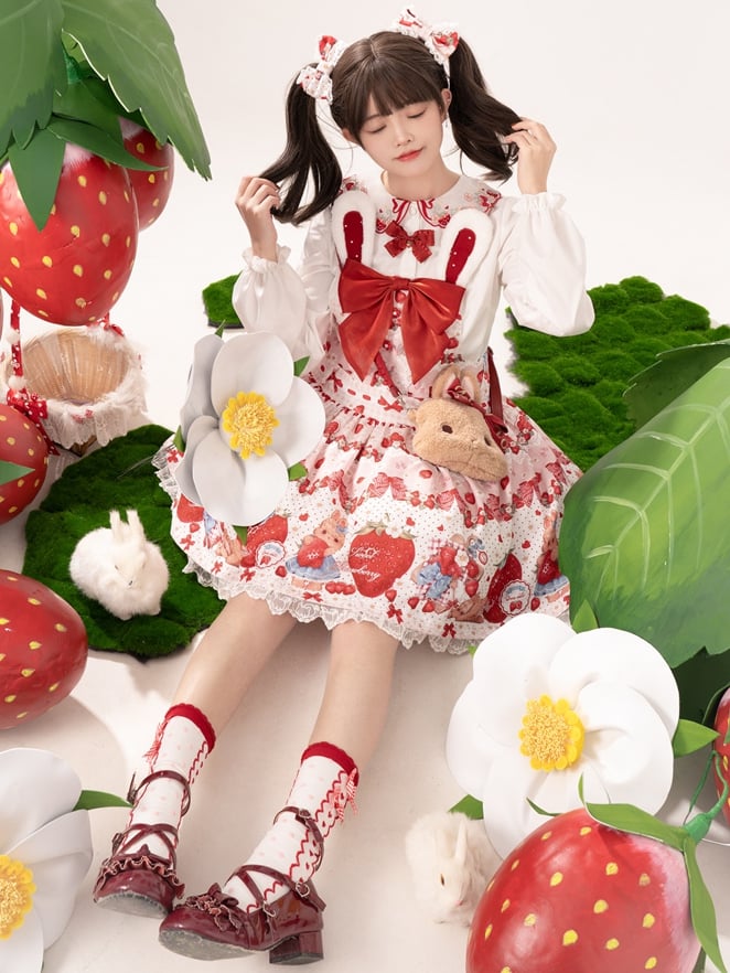 Spring Strawberry and Rabbit Print Big Bow Rabbit Ears Design Light Pink Sweet Lolita Overall Dress