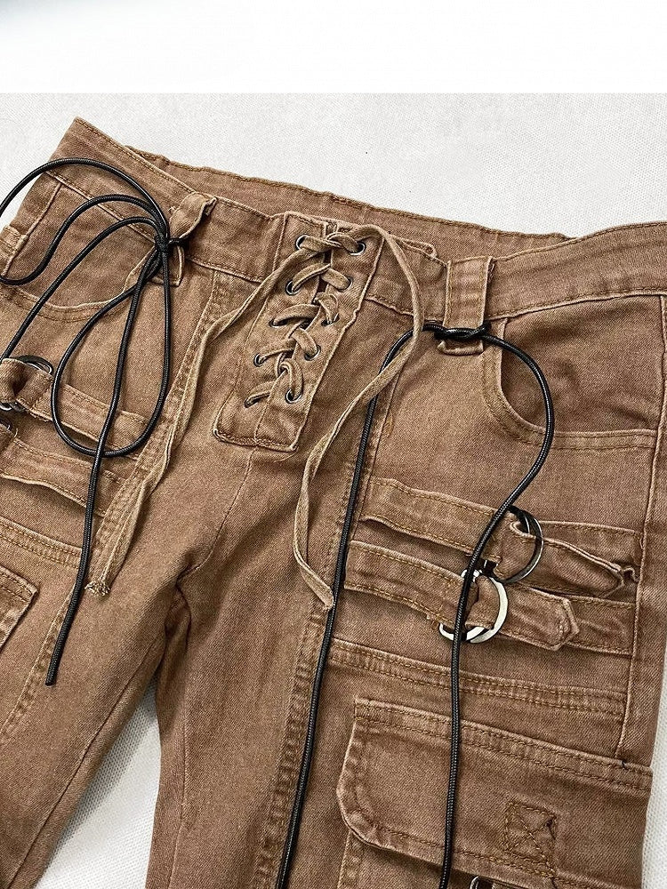 Wasteland Silhouette Flare Schnürjeans Punk Detail Braun Kaffee