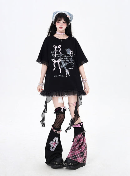 Tシャツ ホワイト/ブラック カスケードフリルアクセント 蝶結びプリント ルーズ