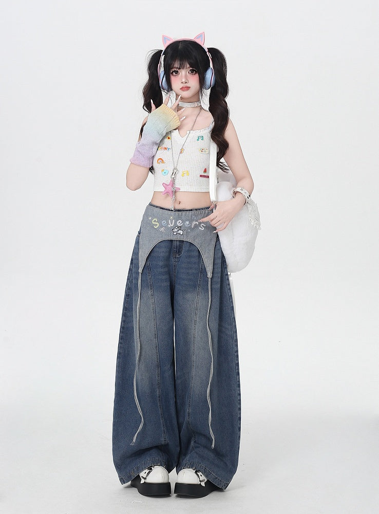 Blue Low Waist Wide-leg Jeans with Letter Embroidery