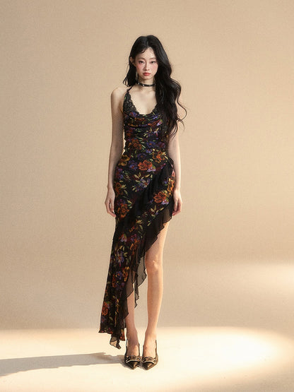 Blumenkleid Rock Schwarz Chiffon Neckholder Asymmetrische Meerjungfrau