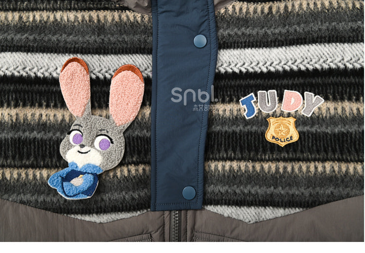 パッチワークデザイン グレー フード付きダウンジャケット