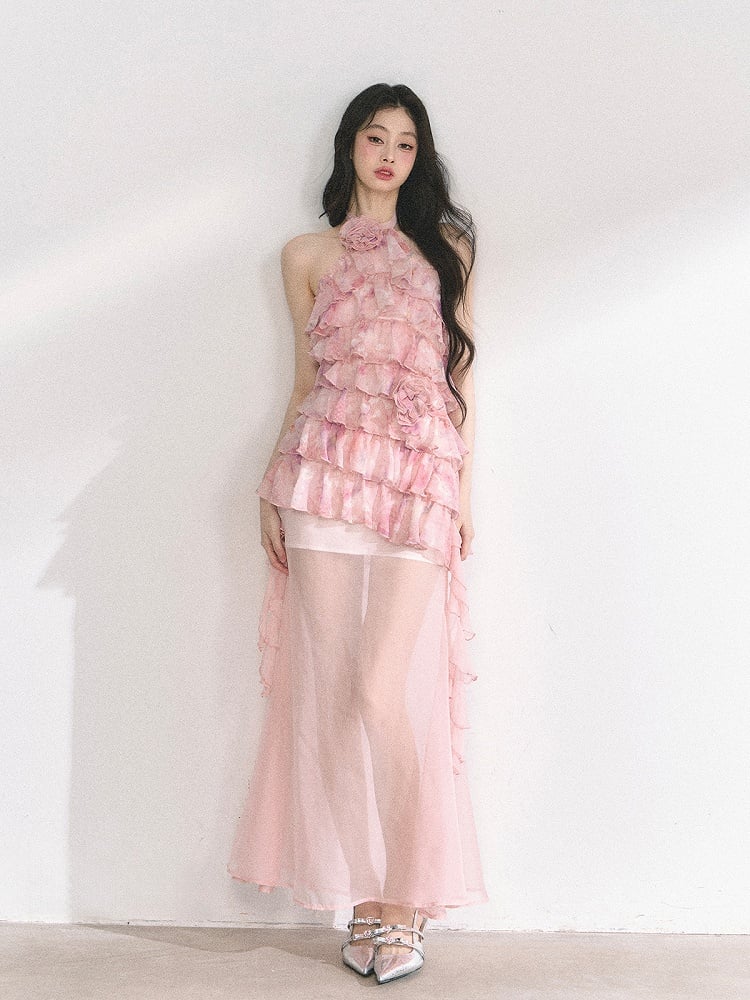 Rosa gestuftes Rüschenkleid mit floralem Neckholder und Netzdruck