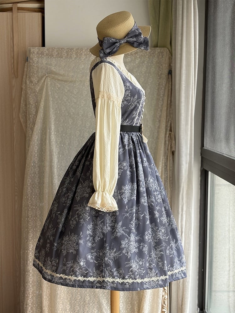 Gray & Beige Rosette Print Long-sleeved Elegant Classic Lolita Dress