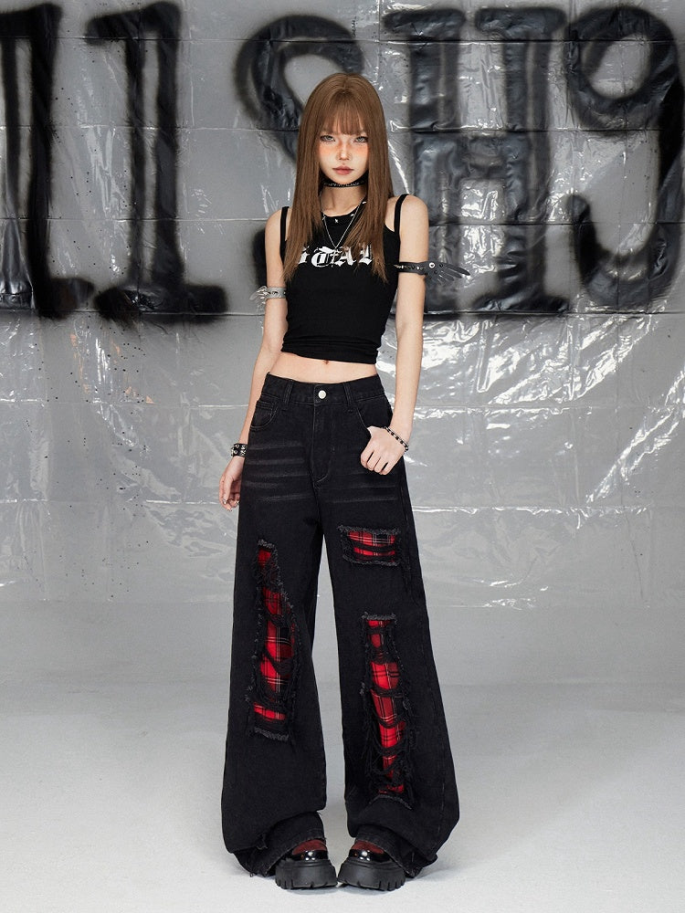 Black Distressed Holes Plaid Pattern Straight-leg Cut Jeans