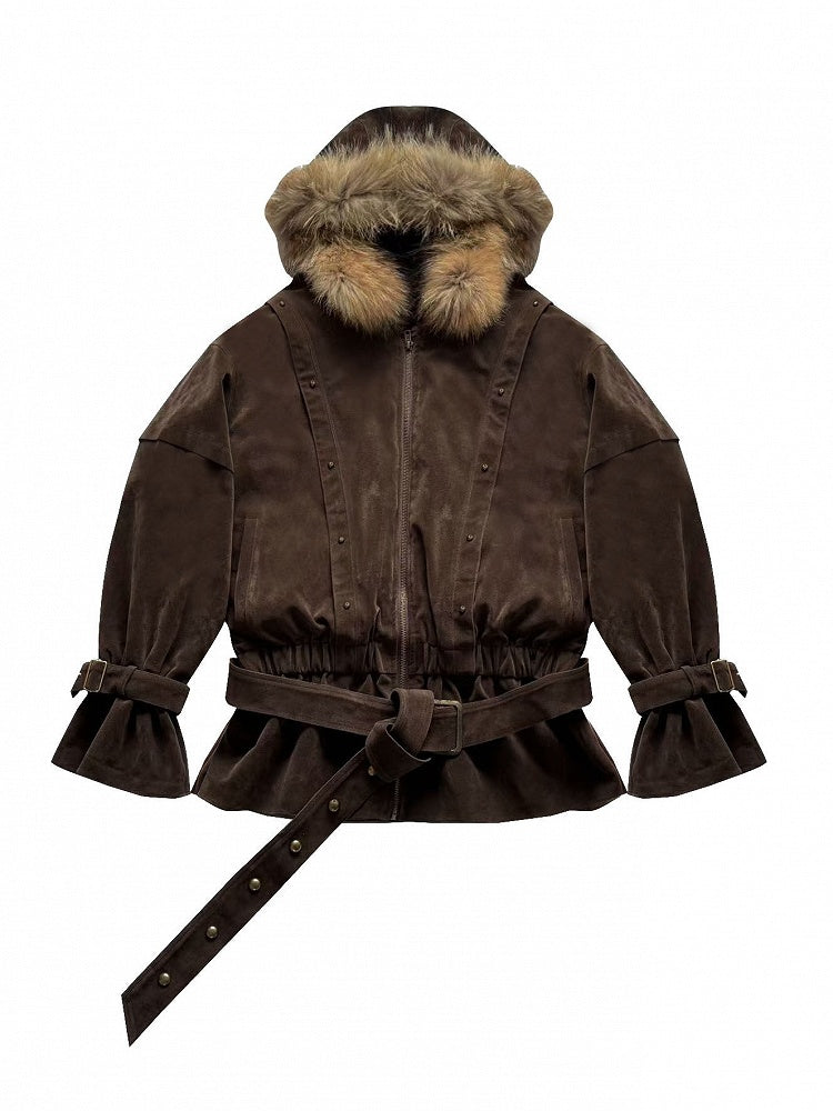 Hood Belt Coffee with Waist Plush Jacket - Hooded Edge Punk