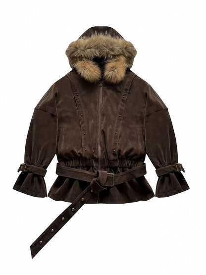 Hood Belt Coffee with Waist Plush Jacket - Hooded Edge Punk