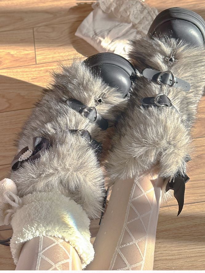 Black Heart-shaped Buckle Bow Shaggy Boots