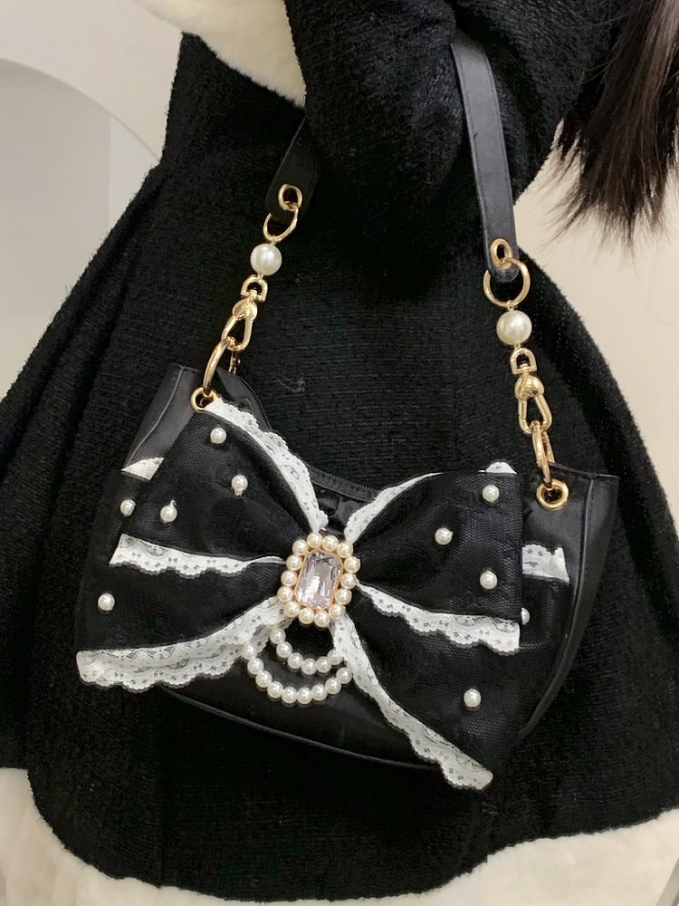 Accent Lolita Decor Shoulder Black Bag in Satin Bow Sweet Rhinestone Beads