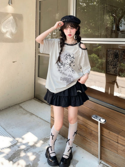 Y2K Black/White Ruffled Lace Trim Neckline T-Shirt Shoulder Cutout Girl Print Cotton