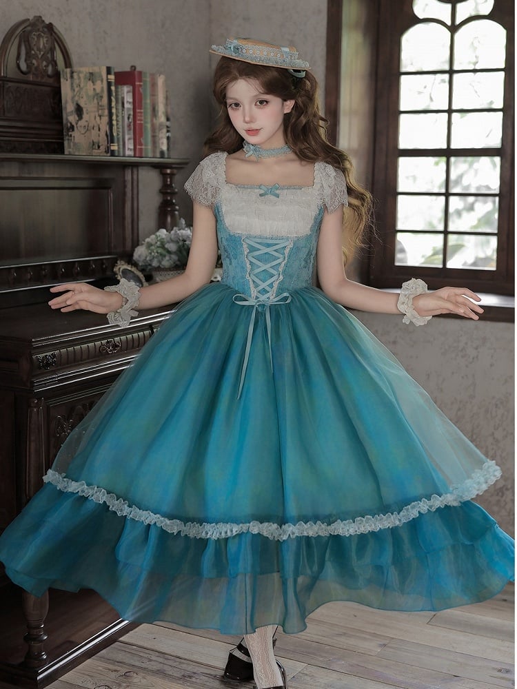 Teal Flutter-Sleeve JSK Dress with Lace-Up Back and Tiered Skirt - With PUJI