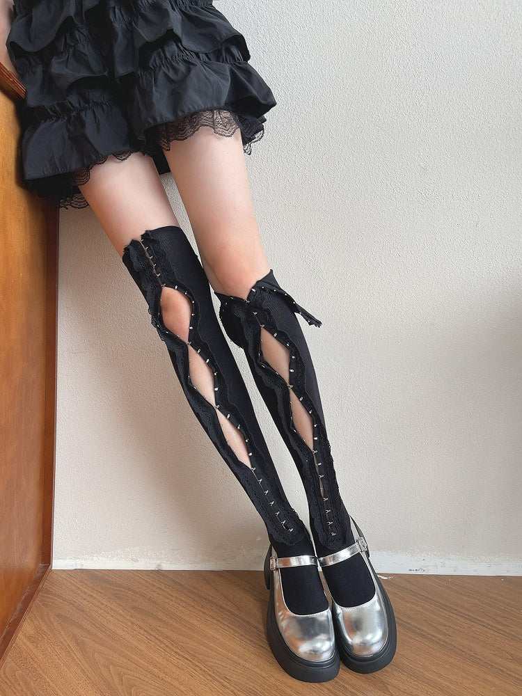 Stockings Ruffle Overknee White/Black Trim