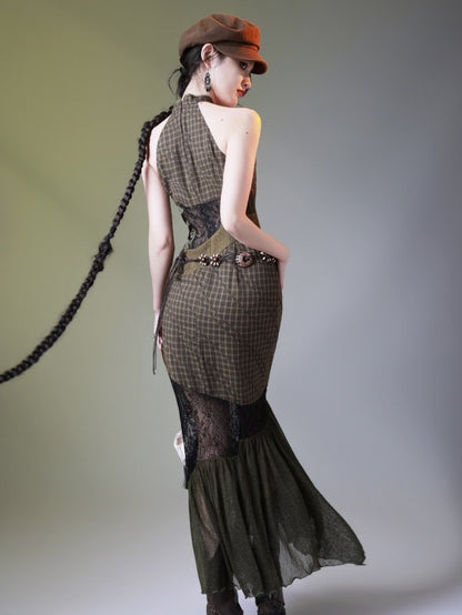 Modern Patchwork Qipao Long Dress with Plaid and Lace - sijinstudio