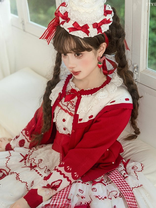 White Sweet with Bow Cardigan Lolita Red Decorations