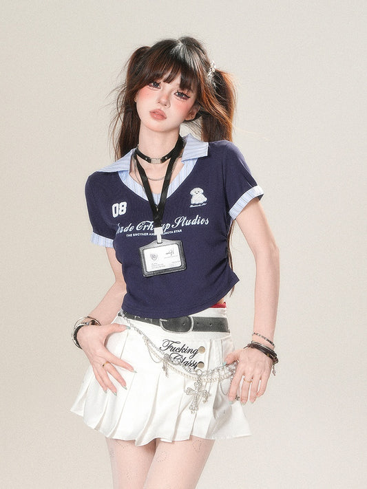 Tag Two-Piece Blue with Tee - Faux Cropped Name Preppy Dark Complimentary