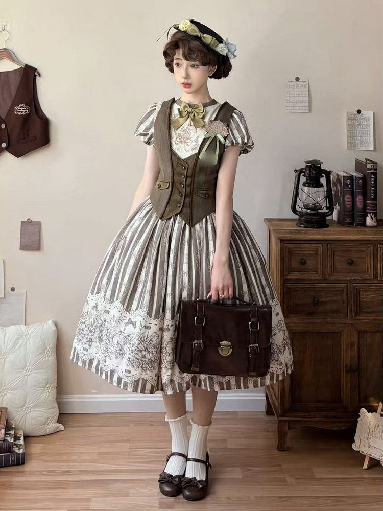 Bodice Pattern and Bowknot Lolita Piece Classic Embroidery Version Brown Long One Striped Floral
