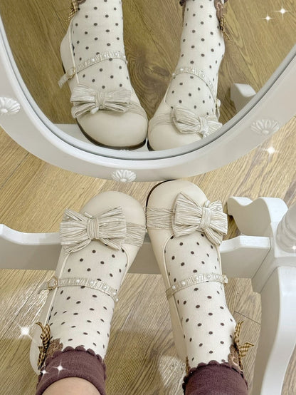 Top Buckle Toe Creamy Shoes Beaded Bow Decorated Lolita White Heart Round at
