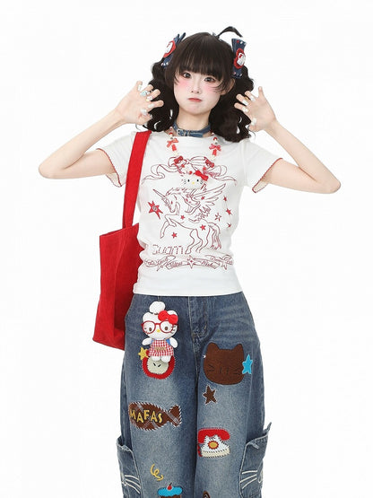 White & Red Unicorn Print Short-Sleeve Tee - Languid Park