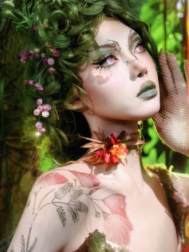 Goth Choker Red Green Fairy Flower /