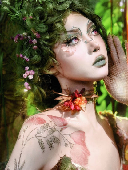 Goth Choker Red Green Fairy Flower /