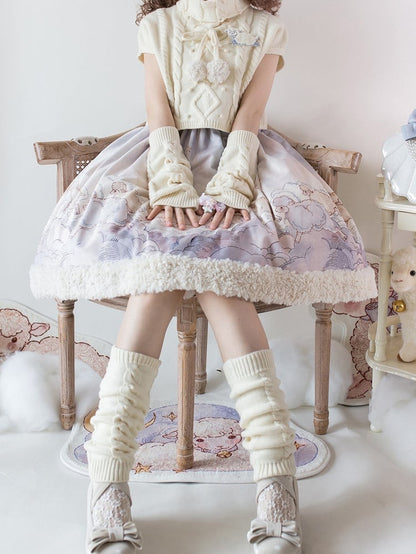 Lolita Top Knit Sheep Winter and Print Set Sleeves Dress Cloud Sweet for Autumn Purple +