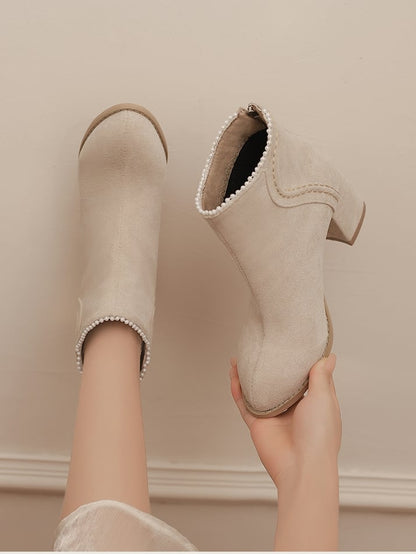- High Version Beaded Heel Thicken Elegant Closures with Regular Cuff Beige Block Zip Boots Back /
