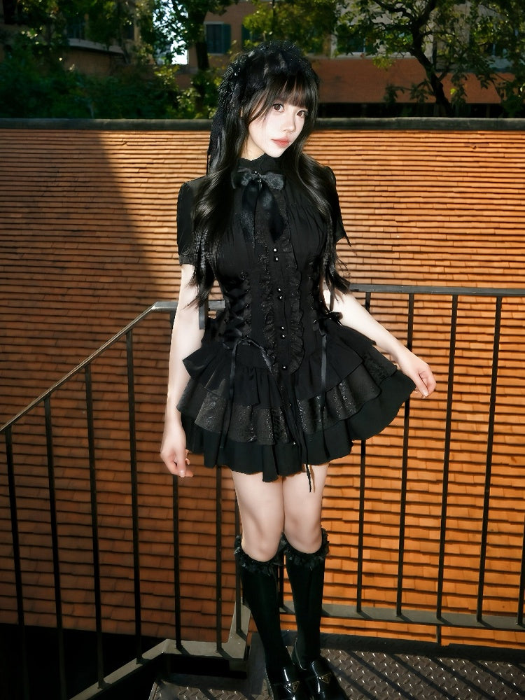 Gothic Layered Ruffle Lolita Dress in Black with Stand Collar & Cinched Waist, Short Sleeve - muggle studio