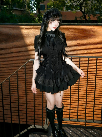 Gothic Layered Ruffle Lolita Dress in Black with Stand Collar & Cinched Waist, Short Sleeve - muggle studio