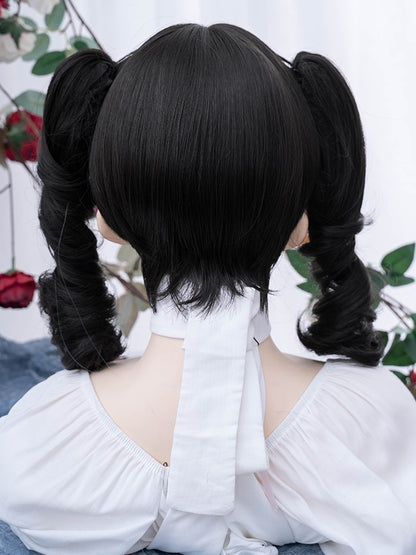 ブラックティーショートボブカット合成ウィッグ、ダブルポニーテールクロークリップ付き