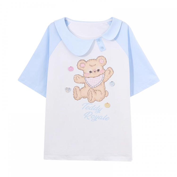 青と白のアシンメトリーピーターパンカラーベアプリントTシャツロングバージョン