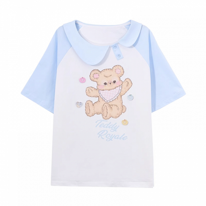 青と白のアシンメトリーピーターパンカラーベアプリントTシャツロングバージョン