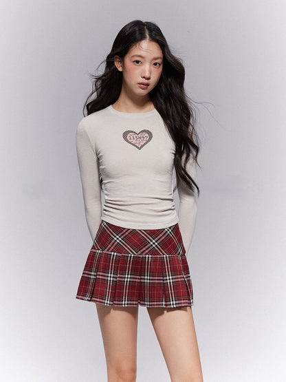 Red Zipper Pleats Preppy Skirt Side Mini Box Plaid Classic A-Line Style with