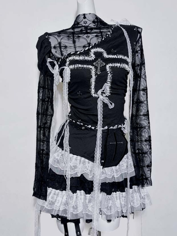 Gothic Black Illusion Neckline Contrast Lace Trim Cross Pin Top