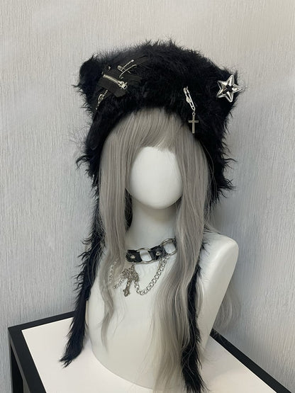 Black Pinsand Zippers Accents Cat Ear Plush Hat
