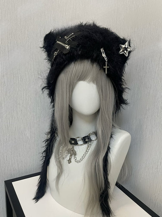 Black Pinsand Zippers Accents Cat Ear Plush Hat