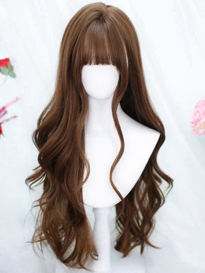 Braune, hüftlange, gewellte Perücke mit Air-Pony, 65–70 cm