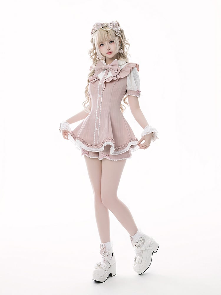 Set - Top Striped Brooch Scalloped Edge with Pink Kei Matching Shorts Bow Jirai