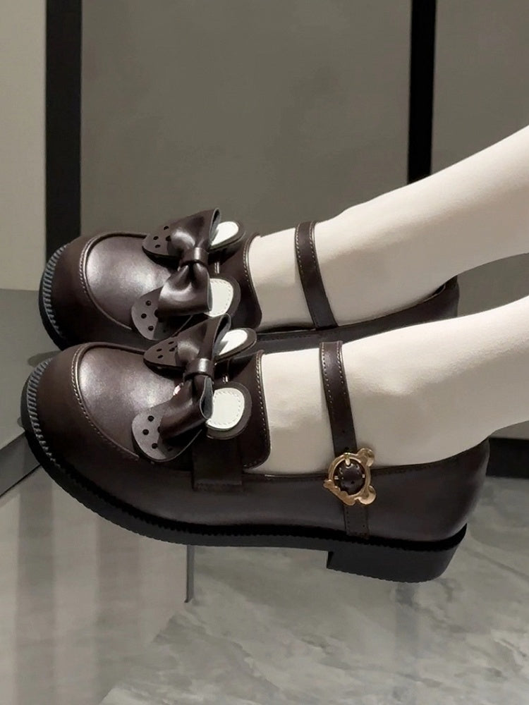 Bow Brown Matte Bear-shaped Shoes and Removable Bear Preppy Ear PU Style in Low-heel Leather Fastener