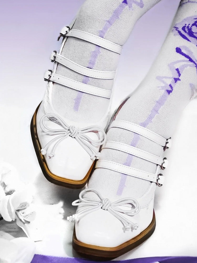 Top Square PU Bow at Shoes White - Toe Gothic