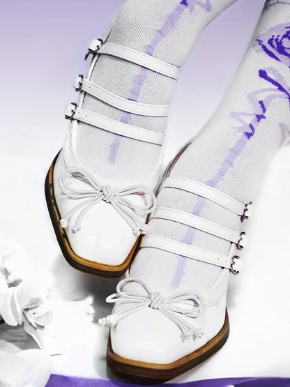 Top Square PU Bow at Shoes White - Toe Gothic